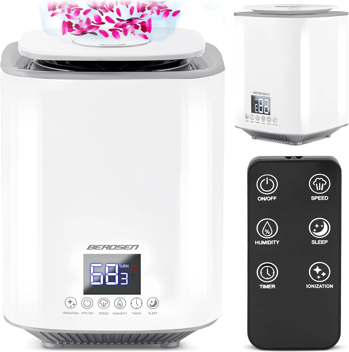 Bild von Berdsen BD-502 Luftbefeuchter mit Ionisator und Aroma Diffuser in Weiß, leise mit LED-Touchpanel und Fernbedienung