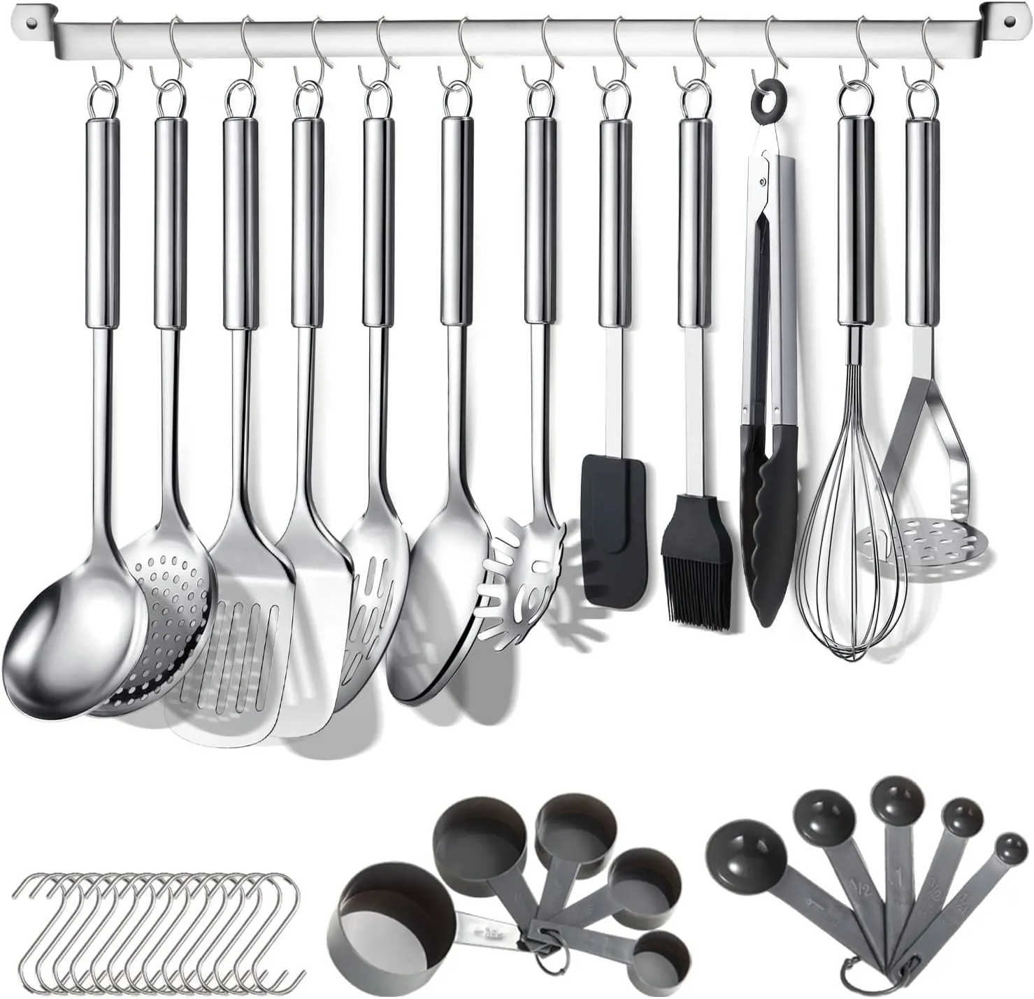 Bild von Berglander 38 teiliges Küchenutensilien Set aus Edelstahl mit Utensilienhalter und Haken, spülmaschinenfest