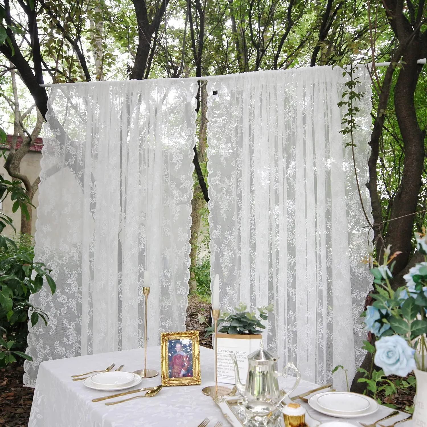 Bild von Beruyu 2er Set Voile Vorhang mit Blumenstickerei in Weiß, 150 x 200 cm