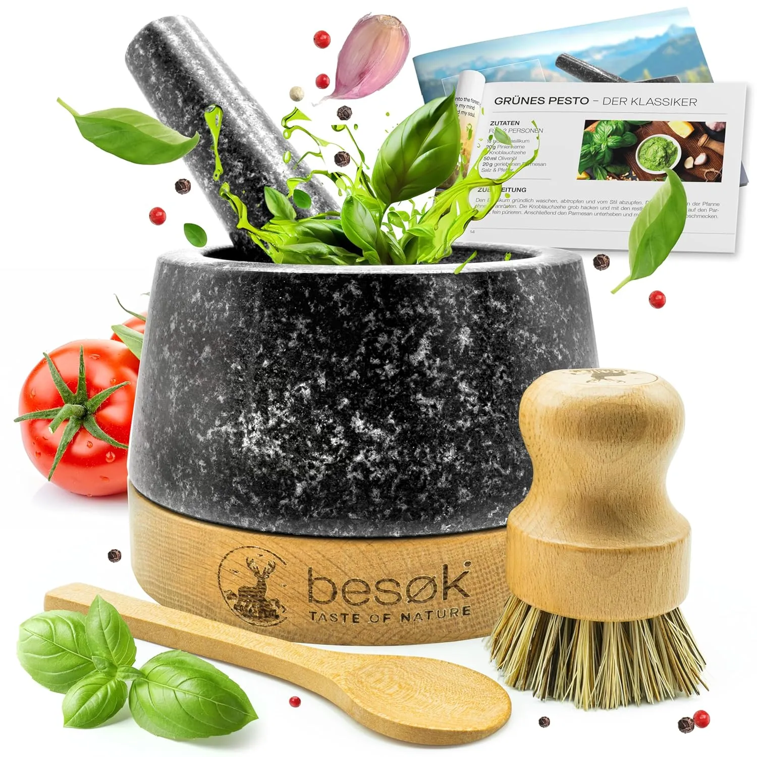 Bild von Besok Granitmörser mit 350 ml Fassungsvermögen, Holzlöffel, Reinigungsbürste und Eichenholz-Sockel, inklusive Pesto Rezeptheft