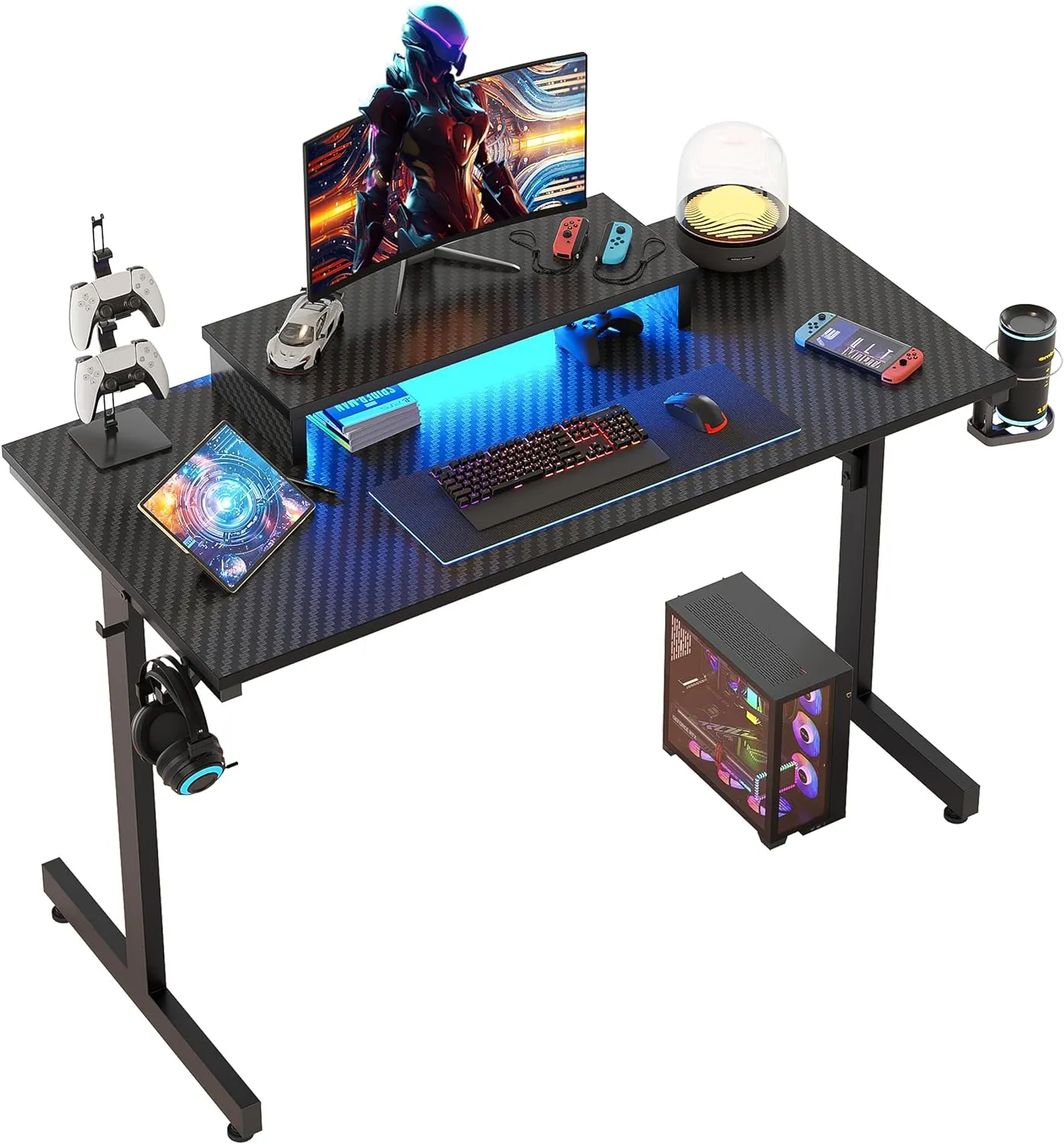 Bild von Bestier Gaming-Schreibtisch 106,6 cm mit LED, Monitorständer, Becherhalter und Headset-Haken für Home-Office und Schlafzimmer