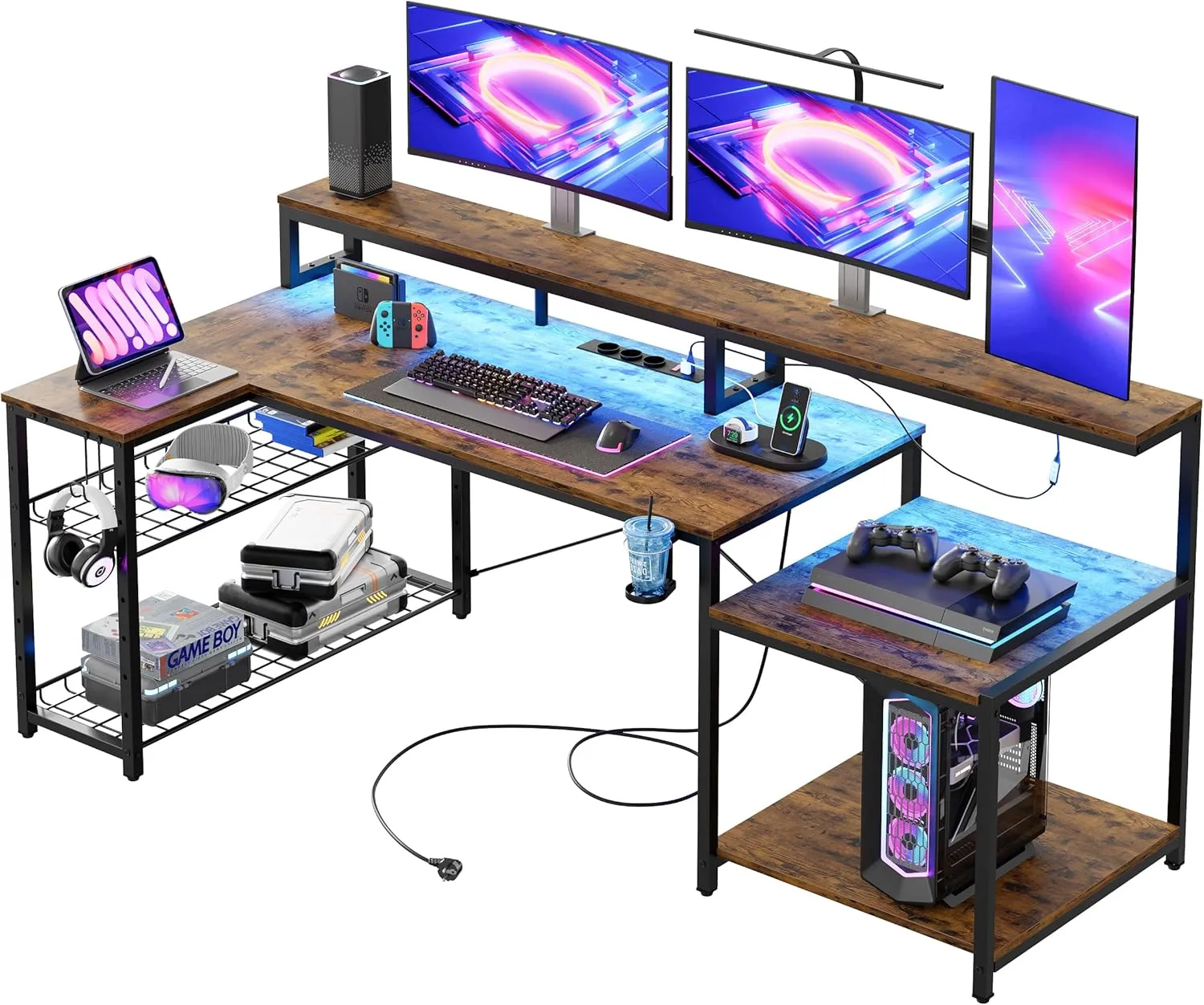 Bild von Bestier Gaming Tisch in L-Form mit 181x80 cm, LED-Leuchten, 3 AC-Steckdosen, 2 USB Ladeanschlüssen und großzügiger Monitorablage in Braun