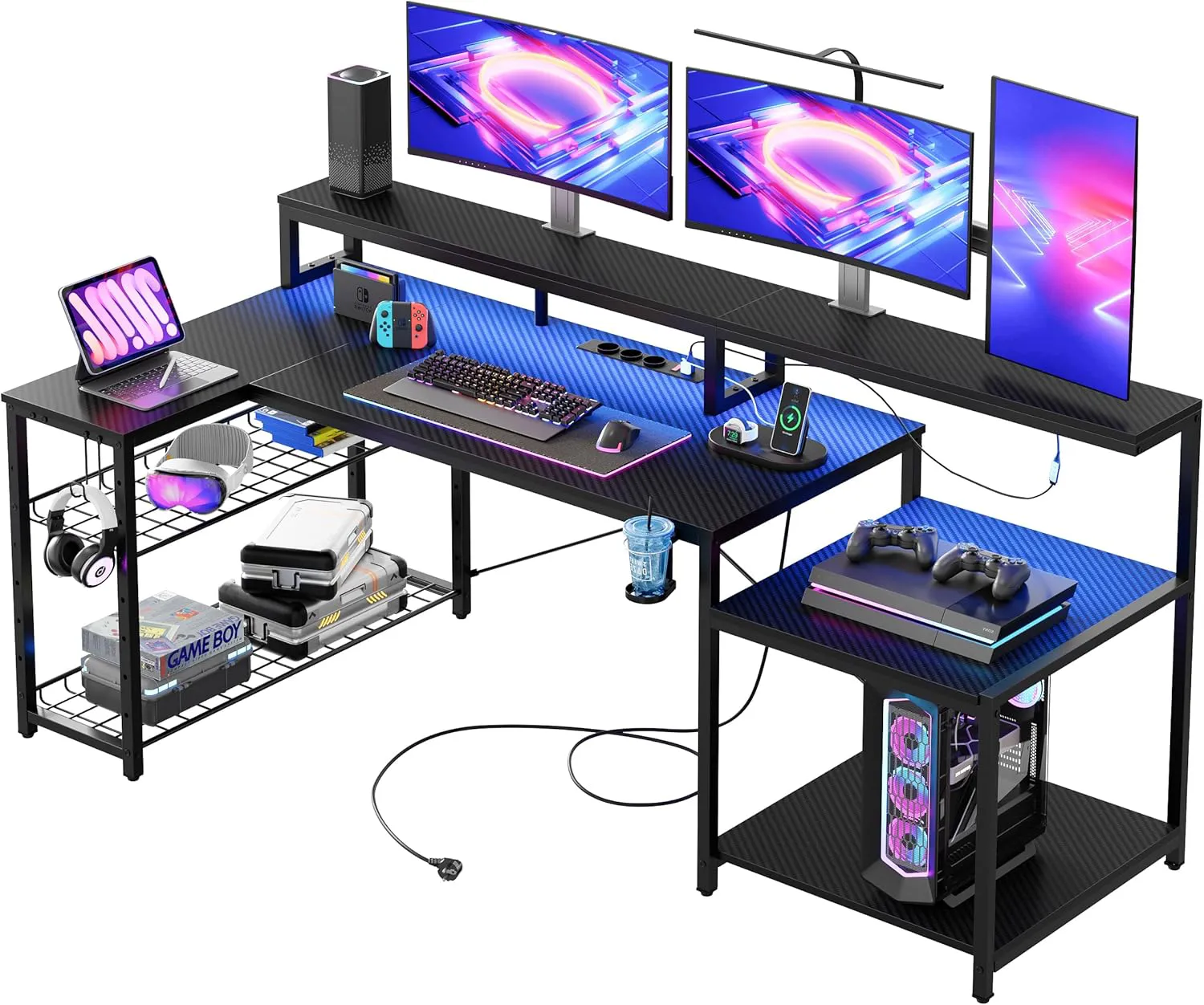 Bild von Bestier Gaming Tisch in L-Form mit 181x80 cm, LED-Leuchten, 3 AC-Steckdosen, 2 USB-Ladeanschlüssen und großzügiger Monitorablage in schwarzem Kohlefaserdesign
