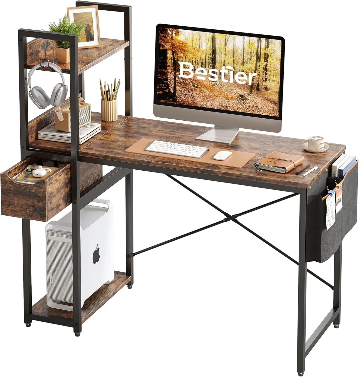 Bild von Bestier Schreibtisch mit Regal in Braun, 120 x 50 cm, inklusive Schublade und Seitentasche zur Aufbewahrung