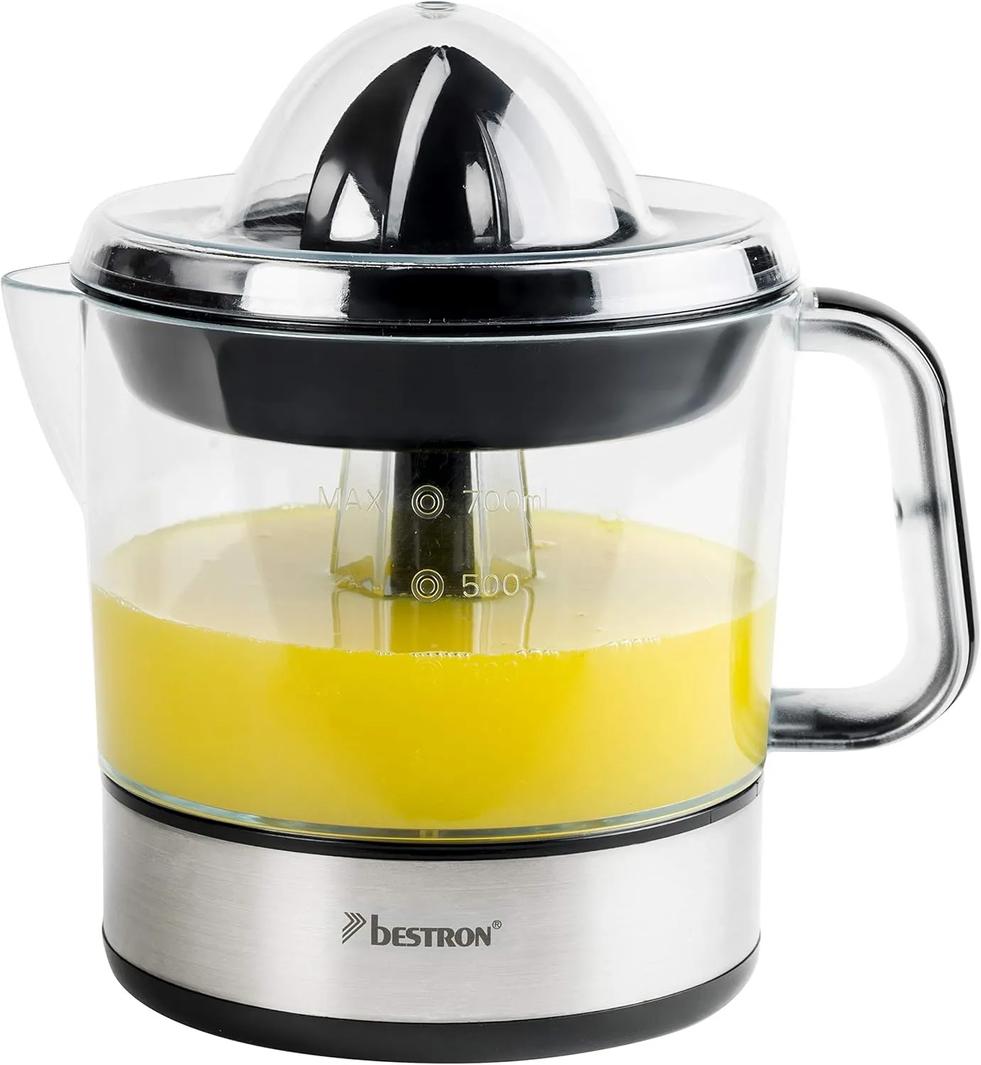Bild von Bestron ACJ350Z elektrische Zitruspresse mit 0,7 Liter Füllmenge und zwei Presskegeln in Silber
