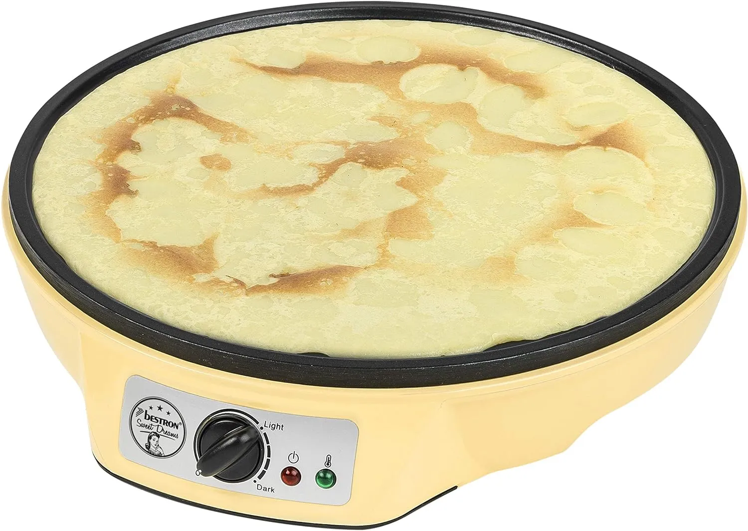 Bild von Bestron Crêpes Maker im Retro Design mit 30 cm Durchmesser und 1000 Watt Leistung, inklusive Teigverteiler und Crêpes-Wender in Gelb