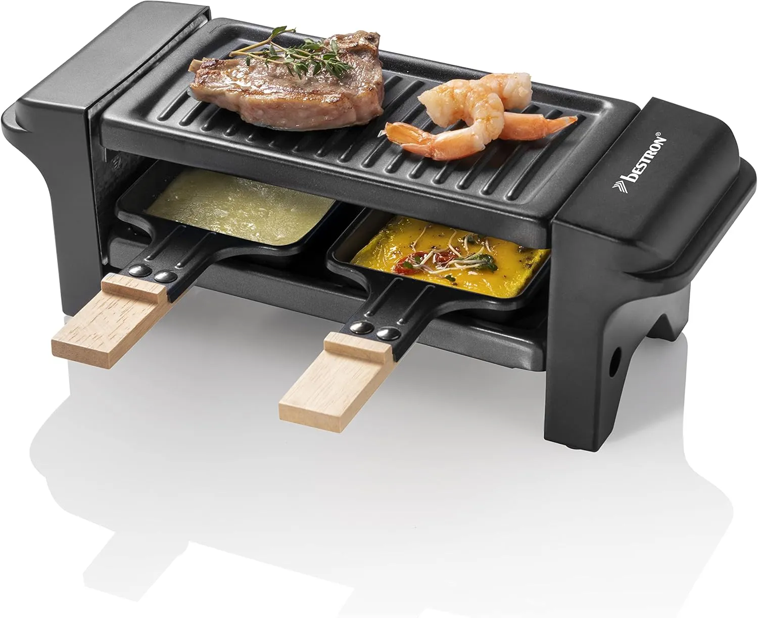 Bild von Bestron Mini Raclette für 1 bis 2 Personen mit zwei Pfännchen und Holzschabern, 350 Watt in Schwarz