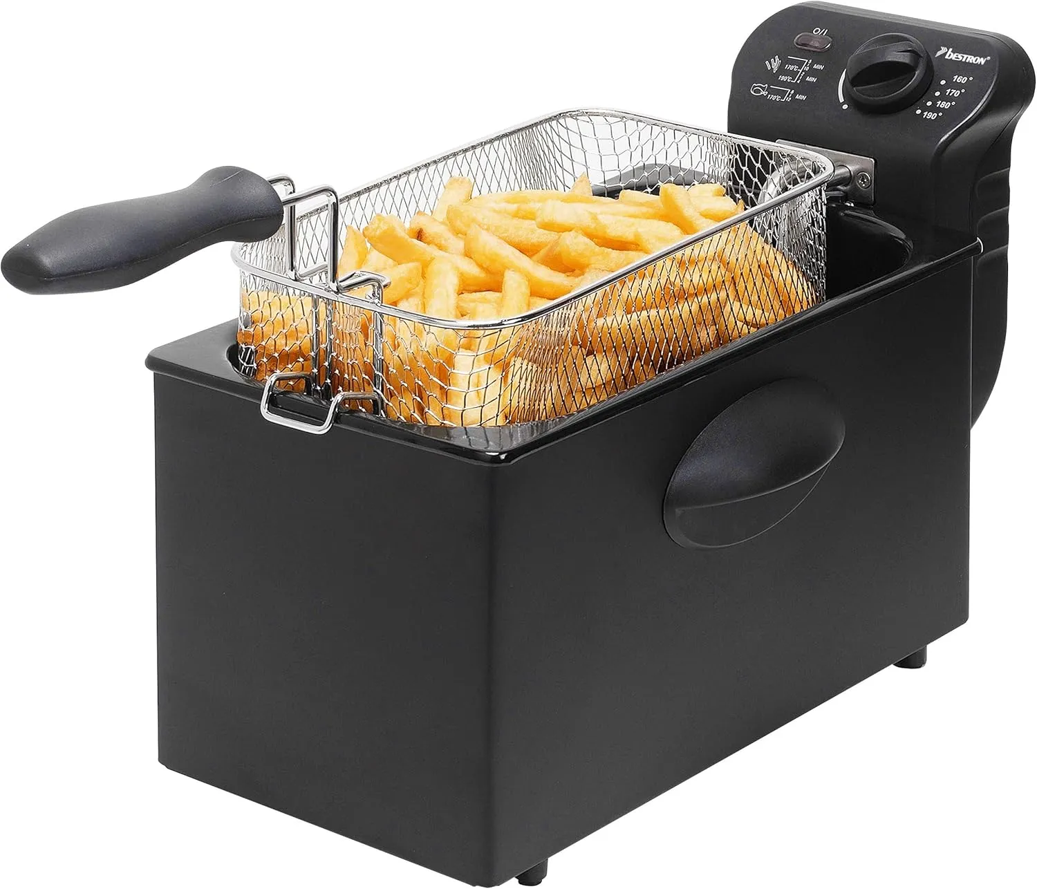 Bild von Bestron Öl-Fritteuse mit 3,5 Litern Volumen, stufenlosem Temperaturregler bis 190 Grad und 2000 Watt Leistung in Schwarz