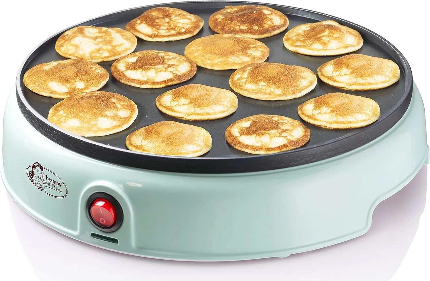 Bild von Bestron Poffertjes Maker im Retro Design in Mint mit Antihaftbeschichtung und Kontrollleuchte