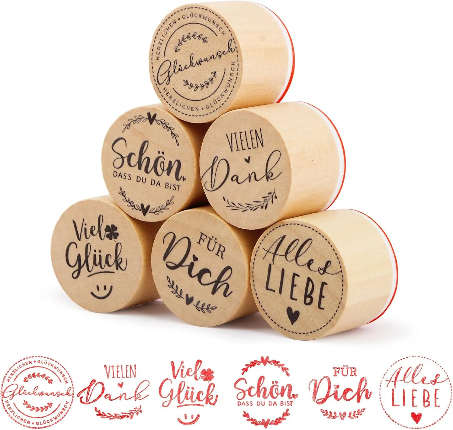 Bild von BETESSIN 6er Set Holzstempel mit Dankes- und Glückwunschmotiven für Kartenbasteln und Scrapbooking
