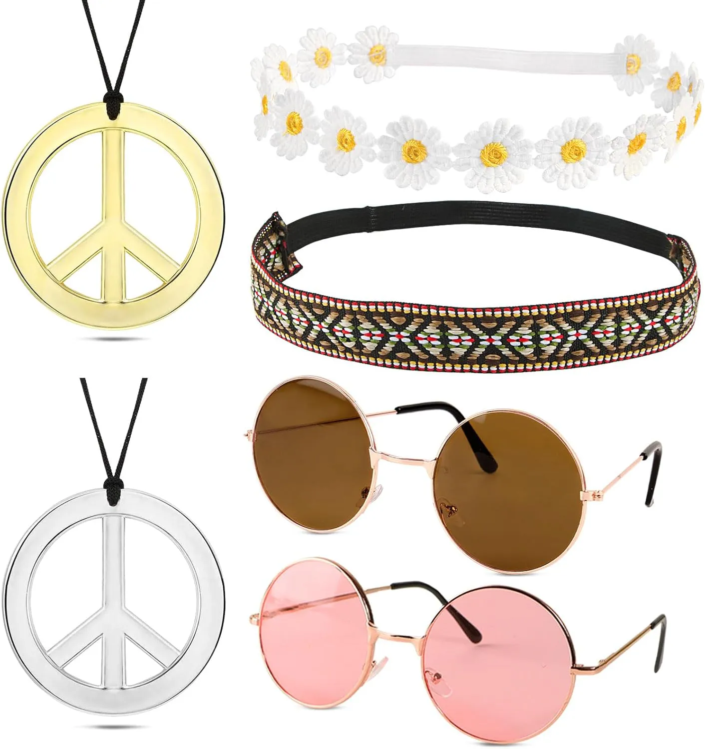 Bild von BETESSIN Hippie Kostüm Set mit 2 Brillen, 2 Peace Ketten und 2 Haarbändern für 60er und 70er Jahre Outfits für Damen und Herren