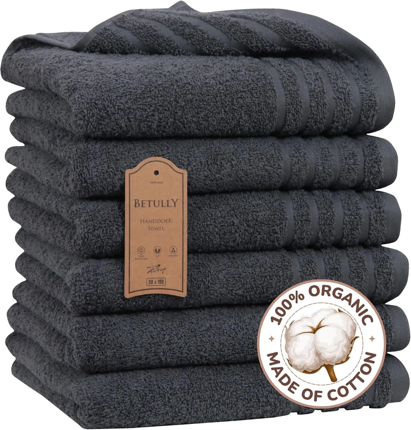 Bild von Betully Handtuch Set mit 6 Stück in Anthrazit, 50x100 cm aus 100% türkischer Baumwolle, schnelltrocknend und 500 g/m²