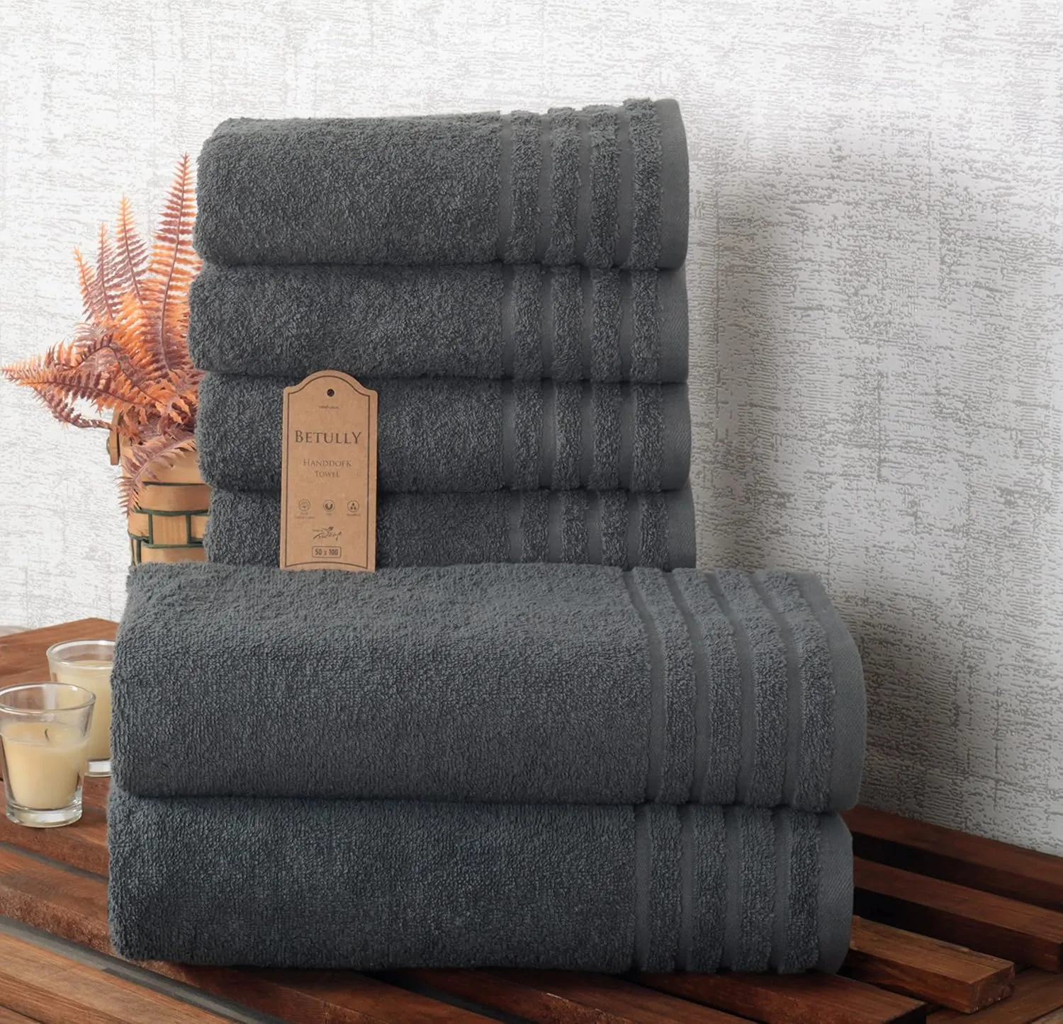 Bild von Betully Set aus 100% Baumwolle mit 4 Handtüchern und 2 Badetüchern in Anthrazit, schnelltrocknend und 500 g/m²