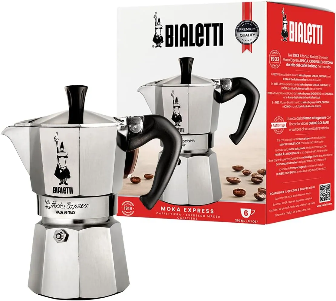 Bild von Bialetti Moka Express Espressomaschine aus Aluminium mit 270 ml in Silber und Schwarz