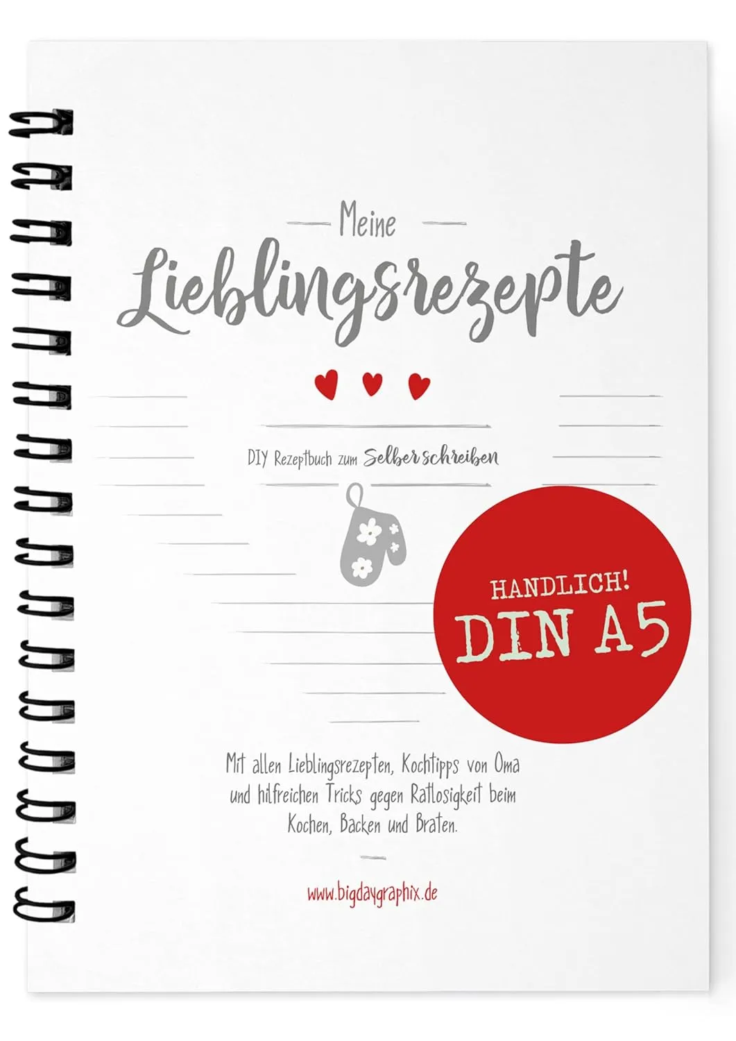 Bild von bigdaygraphix Rezeptbuch zum Selberschreiben im DIN A5 Format mit Hardcover und Spiralbindung in Weiß