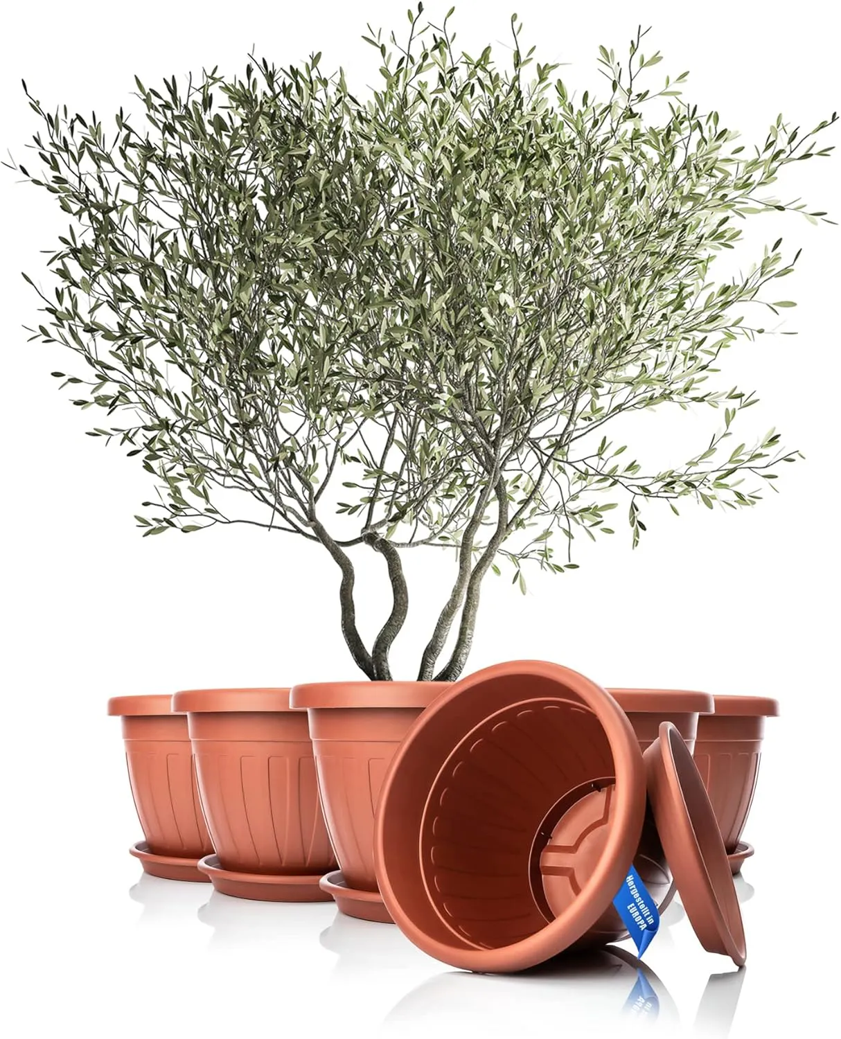 Bild von BigDean Blumentopf mit Untersetzer in rundem Design, Durchmesser 50 cm, Höhe 38 cm, aus wetterfestem und bruchsicherem Kunststoff, UV-beständig, geeignet für Innen und Außen, Made in Europe