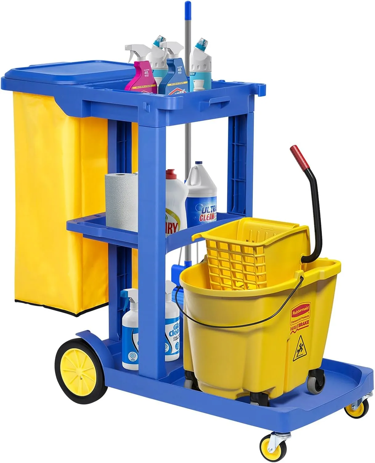Bild von bimiti Reinigungswagen mit 65 Litern und 3 Ebenen, 83 x 46 x 90 cm, mit 4 Rollen, geeignet für Hotelservice und Büros, in Blau und Gelb
