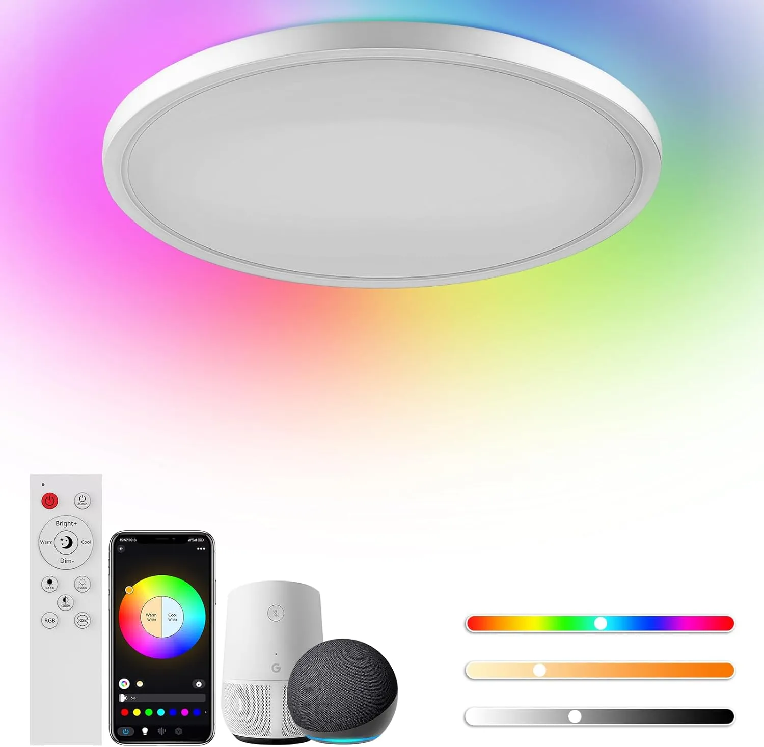 Bild von Birnetek Deckenlampe mit 24 Watt, RGB, dimmbar, kompatibel mit Alexa und Google Home, steuerbar über App und Fernbedienung, geeignet für Schlafzimmer, Kinderzimmer und Wohnzimmer