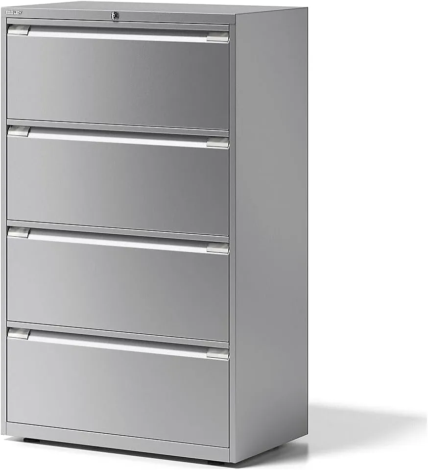 Bild von BISLEY Essentials Hängeregistraturschrank aus Metall mit 4 Hängeregistraturen in Silber, Maße 47 x 80 x 130 cm