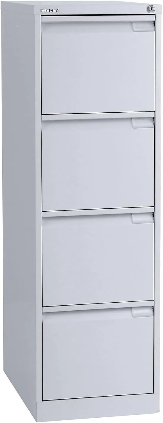 Bild von BISLEY Hängeregistraturschrank mit 4 Schubladen für DIN A4 Unterlagen in Silber, Maße 62,2 x 41,3 x 132,1 cm