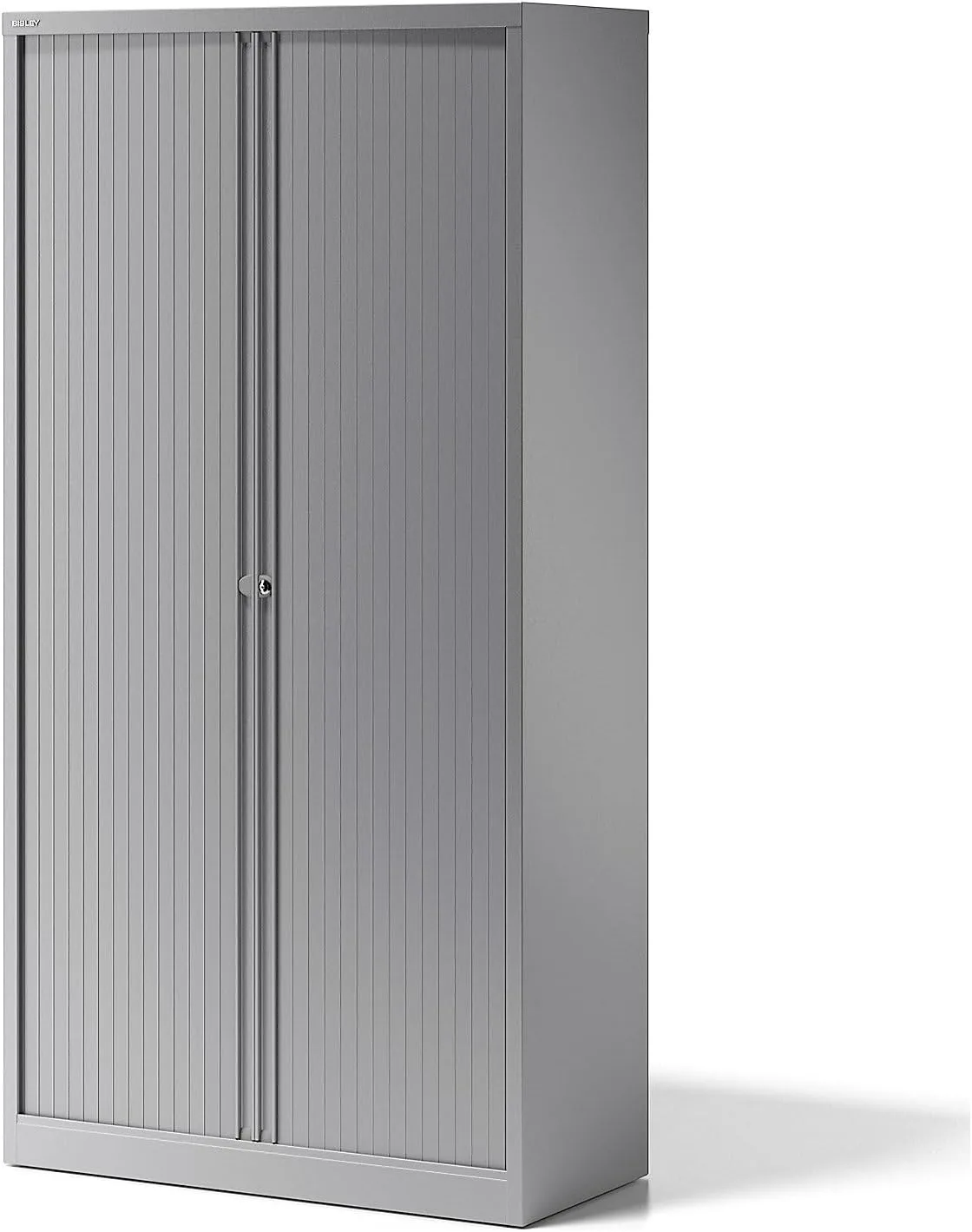 Bild von BISLEY Rollladenschrank Essentials aus Metall mit 4 Fachböden für 5 Ordnerhöhen in Silber, Maße 47 x 100 x 198 cm