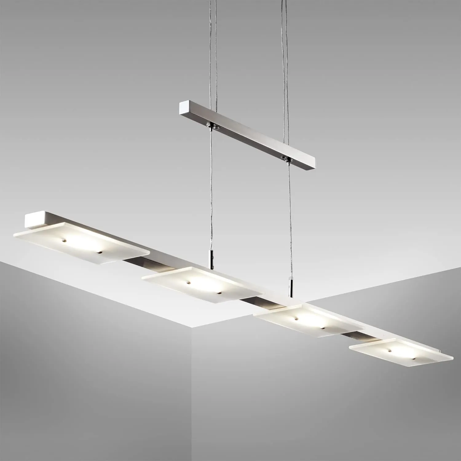 Bild von B.K.Licht LED Pendelleuchte in Matt-Nickel, stufenlos höhenverstellbar mit warmweißer Lichtfarbe und 4 LED Platinen, Maße 85,4x8x120 cm