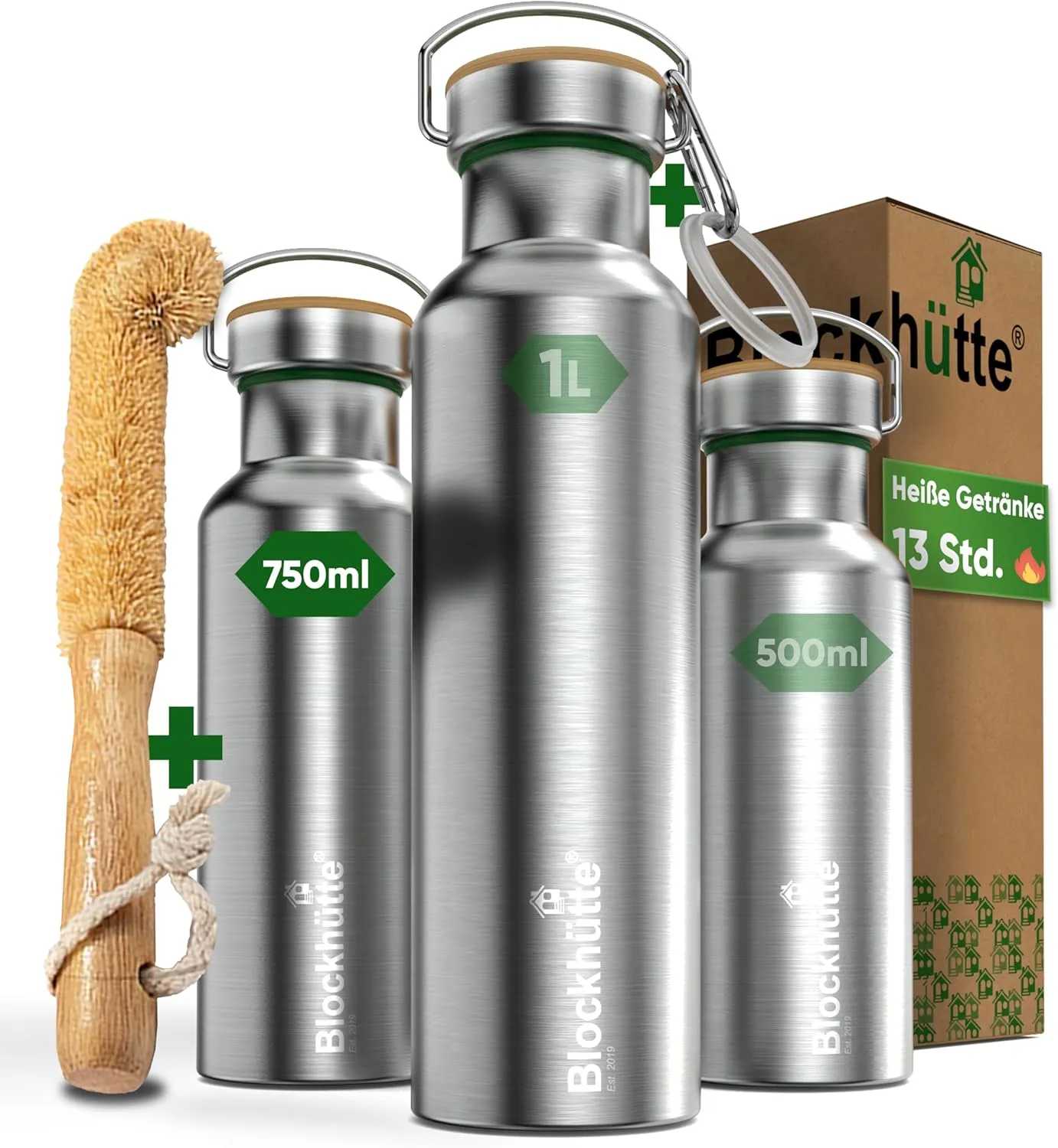 Bild von Blockhütte Premium Edelstahl Trinkflasche 750 ml isoliert mit Naturborsten Bürste auslaufsicher und spülmaschinenfest für Sport und Freizeit