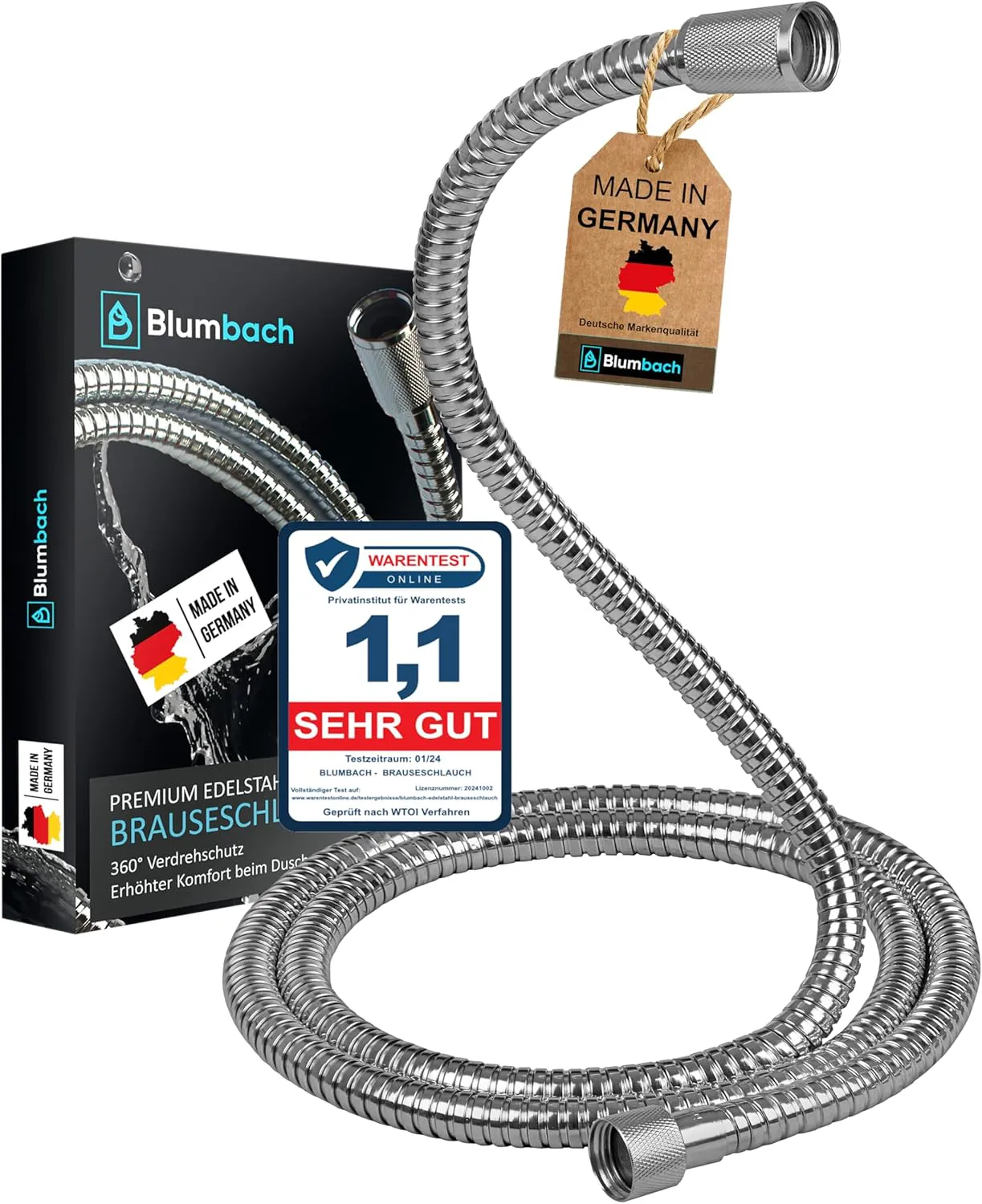 Bild von Blumbach Duschschlauch aus Edelstahl mit 125 cm Länge und Verdrehschutz, flexibel und knickfest, mit 1/2 Zoll Standardanschluss, Trinkwasser geprüft