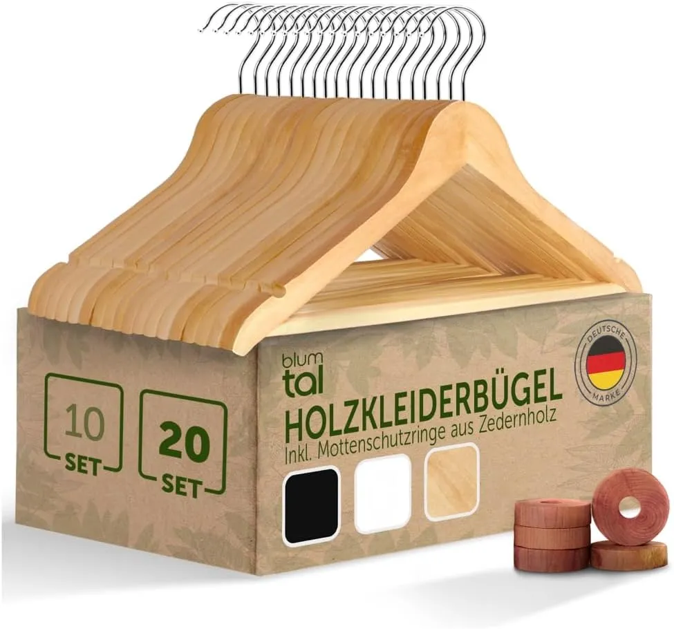 Bild von Blumtal 20er Set Holzkleiderbügel mit drehbarem Metallhaken und Mottenschutz