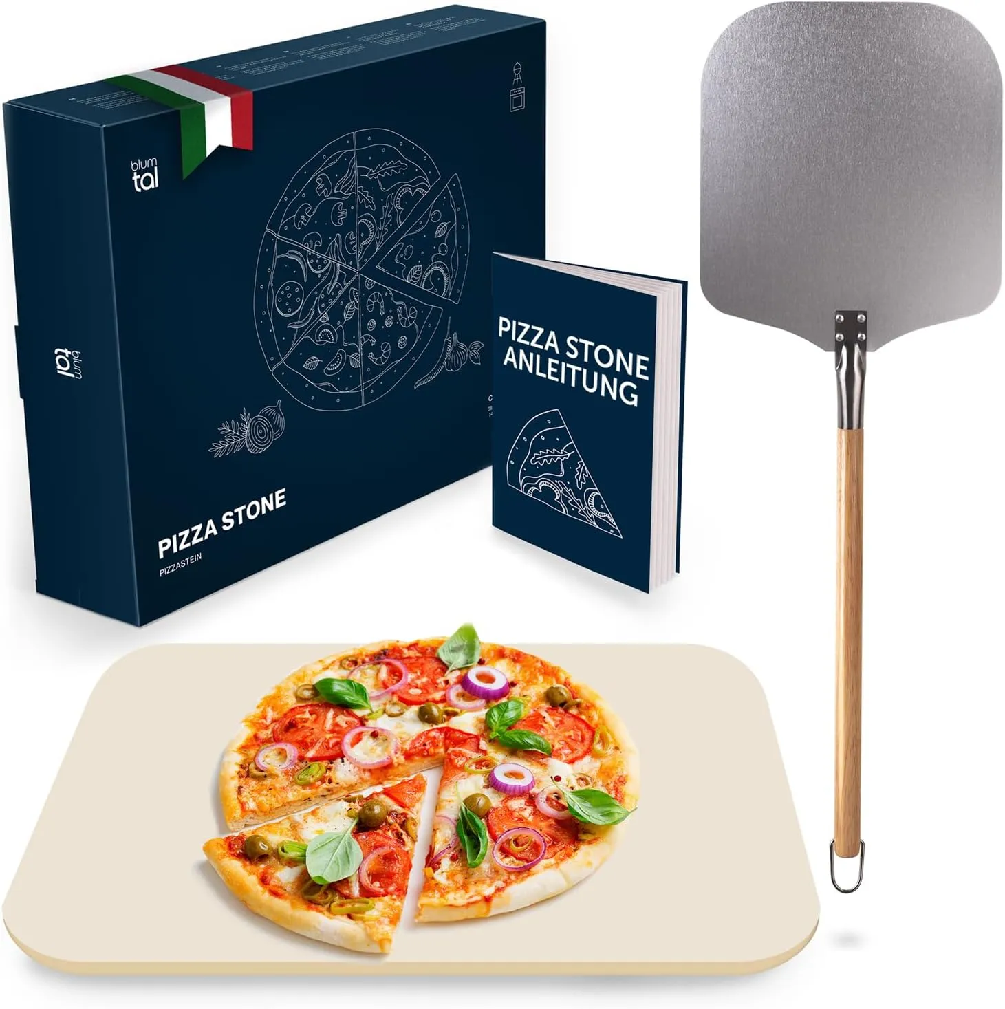 Bild von Blumtal Pizzastein aus Cordierit 38x30 cm mit Pizzaschieber für Backofen und Gasgrill, hitzebeständig bis 900 Grad
