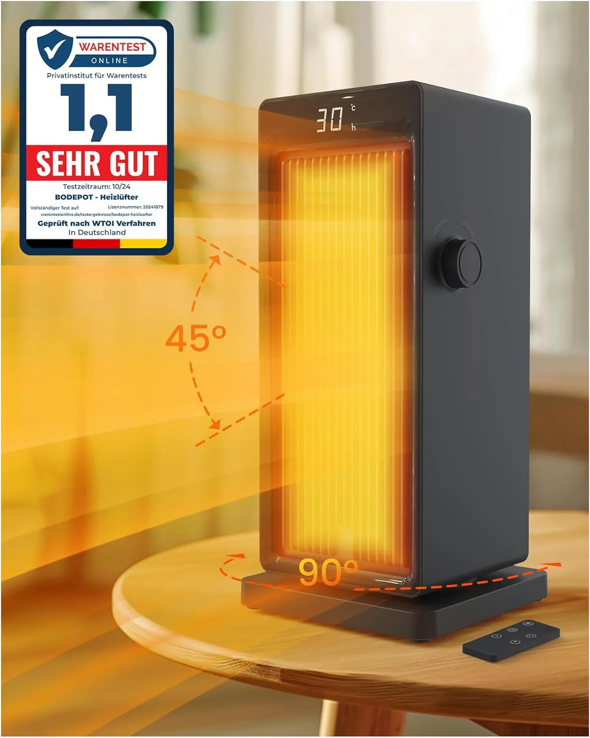 Bild von Bodepot 2000W Heizlüfter mit Thermostat, 24h Timer, 90° Oszillation und 4 Heizmodi