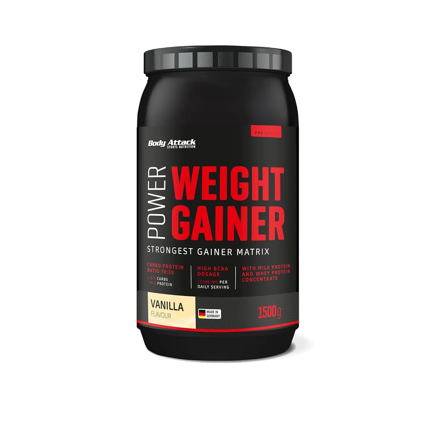 Bild von Body Attack Weight Gainer Vanille 1,5 kg Kohlenhydrat-Eiweißpulver für Muskelaufbau mit Whey-Protein ideal für Hardgainer