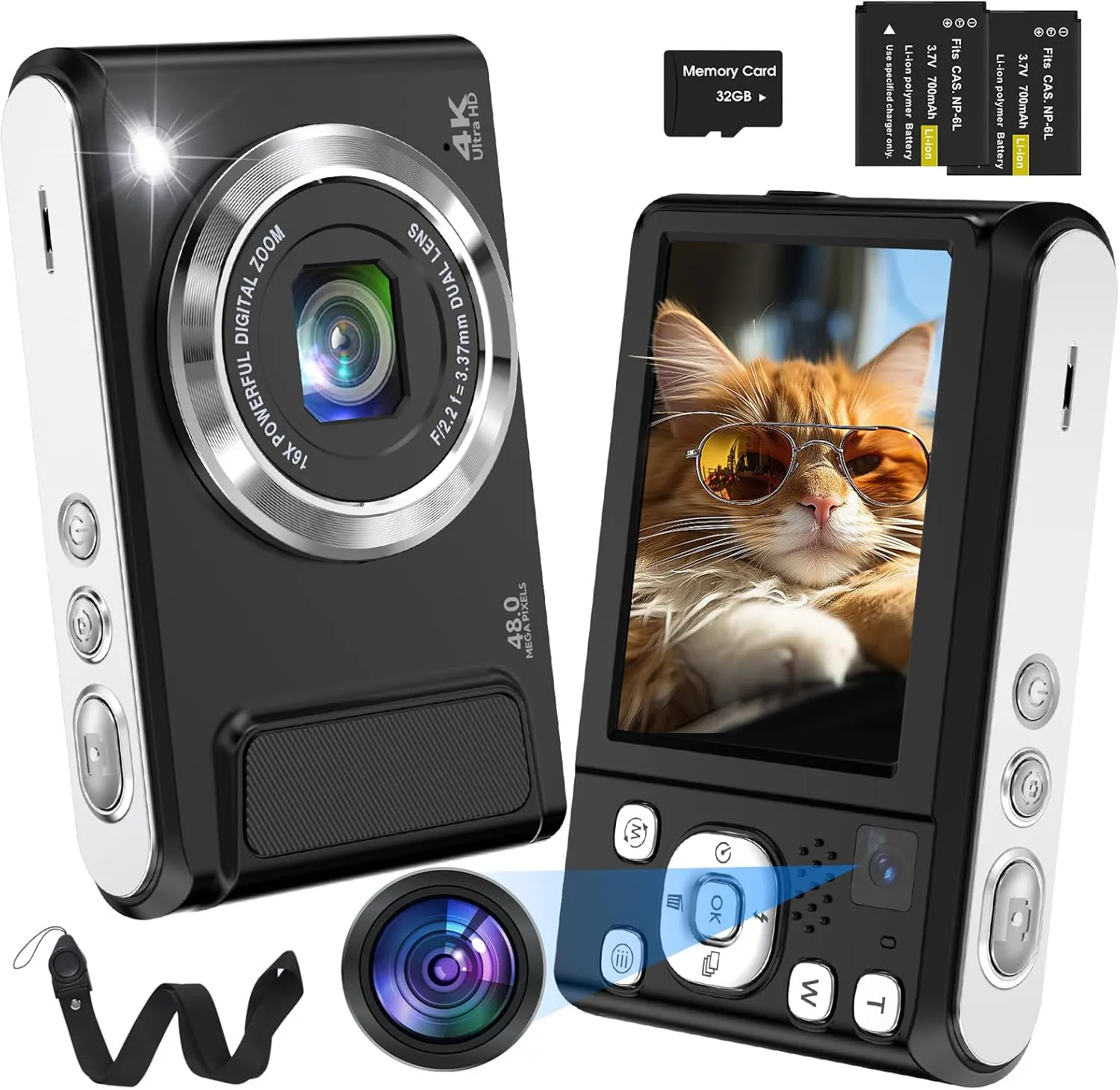 Bild von Bofypoo 4K Autofokus Digitalkamera mit 48 MP, Dual-Kamera, 16-fachem Digitalzoom und 32 GB Speicherkarte für Einsteiger in Schwarz