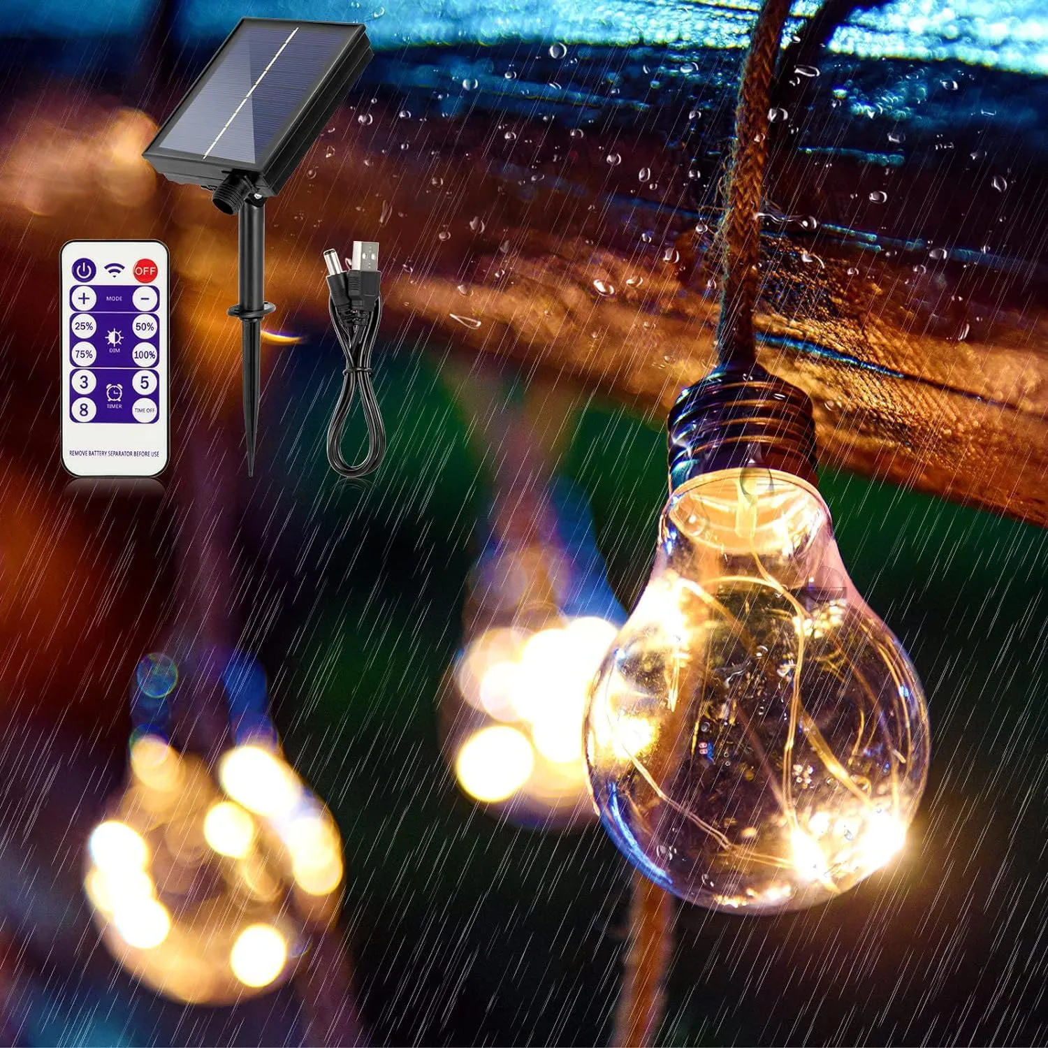 Bild von Bogseth Solar Lichterkette für den Außenbereich mit 20 LEDs, 7,6 Meter lang, USB und Solar-Lademethode, 8 Modi und 4 Helligkeitsstufen für Garten, Balkon und Feste