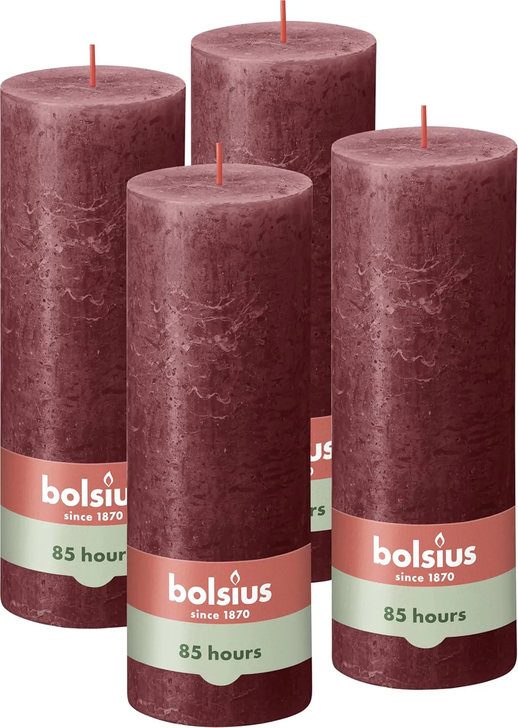 Bild von Bolsius Rustik Stumpenkerzen Set in Bordeauxrot mit 4 Stück, 19 x 7 cm und einer Brenndauer von 85 Stunden aus pflanzlichem Wachs ohne Palmöl
