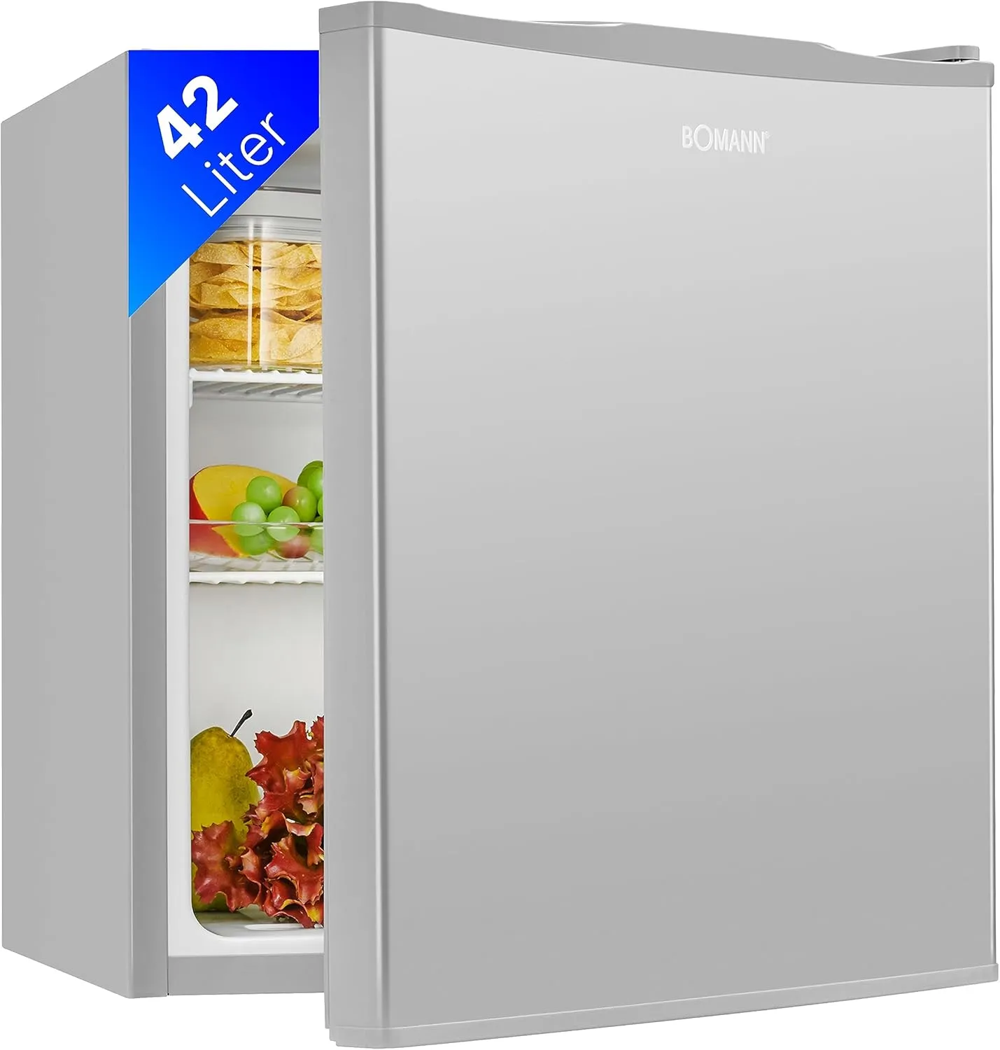 Bild von Bomann KB 7346 Inox Mini Kühlschrank mit 42 Litern für Büro, Camping und Gaming, leise mit 39 dB, wechselbarer Türanschlag, Maße 51x45x45 cm