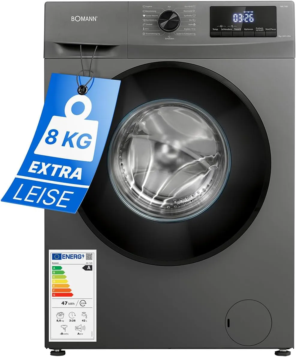 Bild von Bomann WA 7185 Waschmaschine mit 8 kg Fassungsvermögen, 1400 U/min, Invertermotor, 15 Waschprogrammen und Dampffunktion in Titan-Schwarz