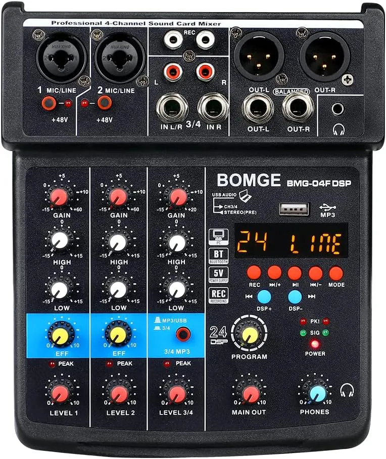 Bild von BOMGE 4-Kanal Mini DJ Audio Mixer mit MP3, USB, Bluetooth und 48V Phantomspeisung für Karaoke und Streaming