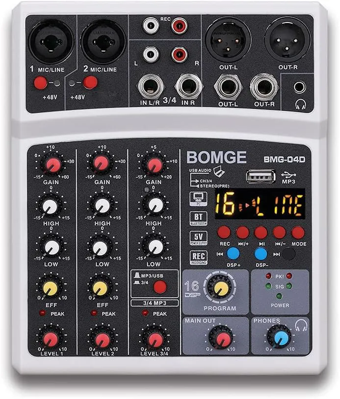 Bild von BOMGE DJ Mischpult 4-Kanal mit 16 DSP Echo, USB, Bluetooth und Stereoaufnahme in Weiß