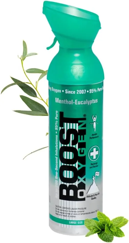 Bild von Boost Oxygen 9L Sauerstoffflasche mit 95 Prozent Sauerstoff und Sauerstoffmaske für über 150 Inhalationen im Menthol-Eukalyptus Geschmack