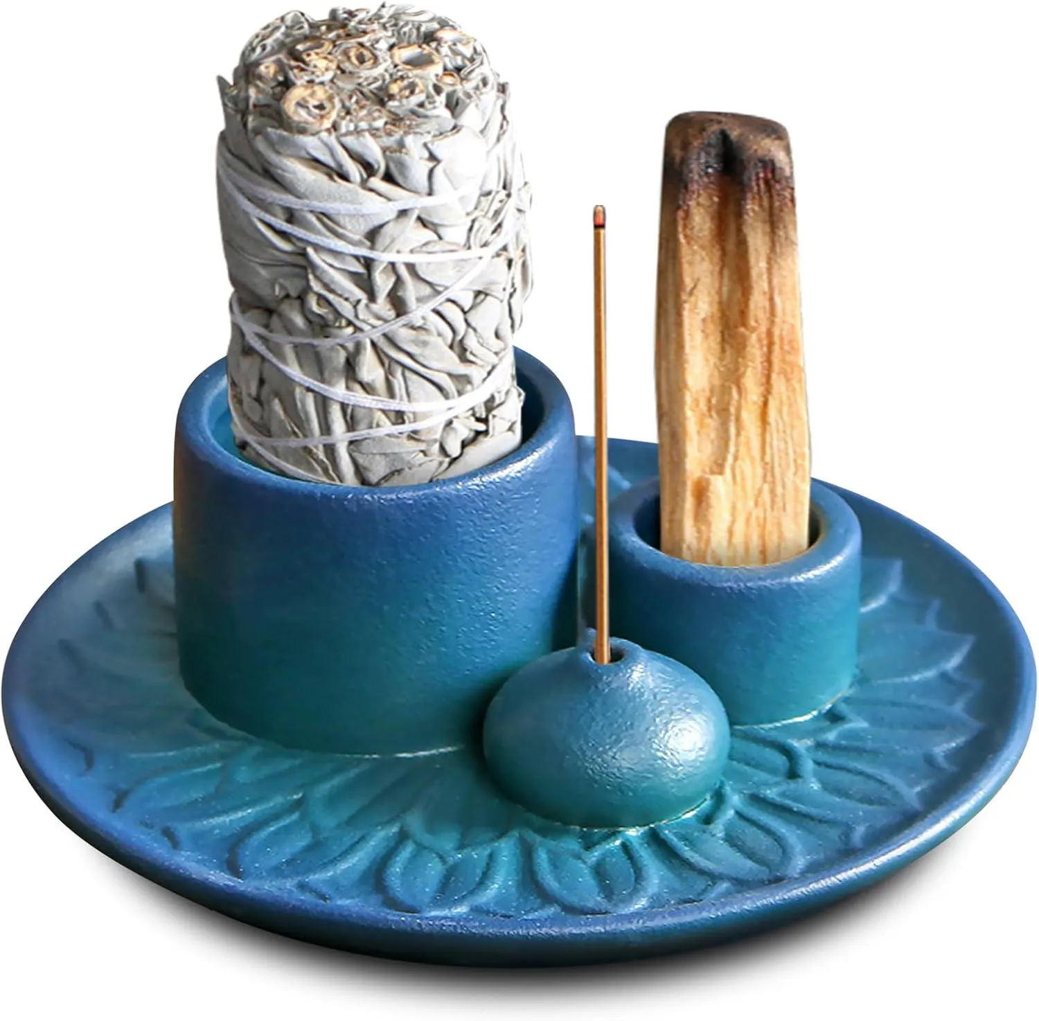 Bild von BORDEAG 4 in 1 Räucherschale in Blau mit Halter für Räucherstäbchen und Kerzen, inklusive Pinzette, Flanellpad und Bürste