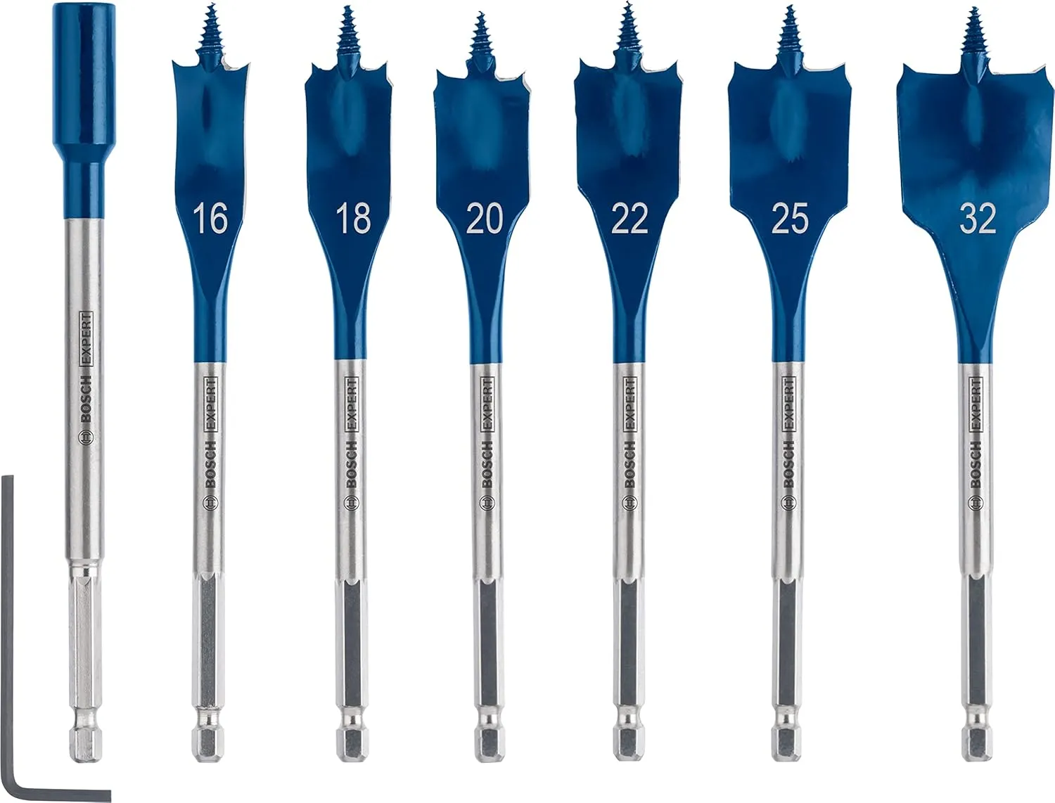 Bild von Bosch EXPERT Self Cut Speed Flachfräsbohrer Set mit 7 Teilen für Weichholz und Spanplatte, Durchmesser 16 bis 32 mm