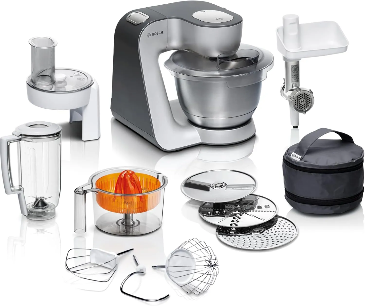 Bild von Bosch Küchenmaschine Serie 6 MUM56340 mit 3,9 L Schüssel, 1,25 L Mixer und 900 W Leistung in Silber/Grau