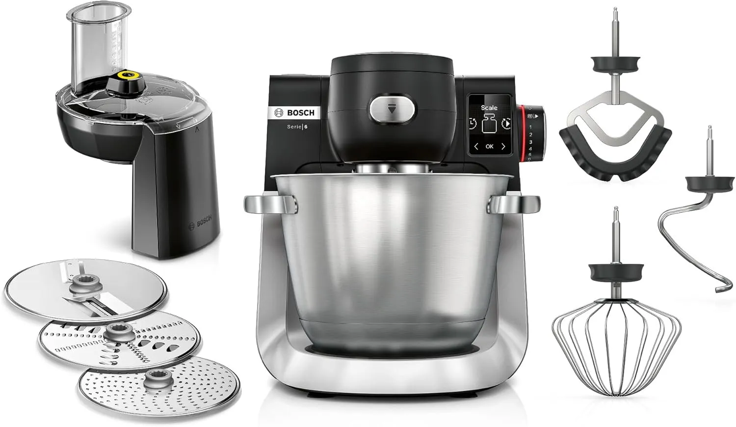 Bild von Bosch Küchenmaschine Serie 6 MUMS6ZS13D mit 5,5 Litern, integrierter Waage, Automatikprogrammen und 1600 Watt in Silber und Schwarz