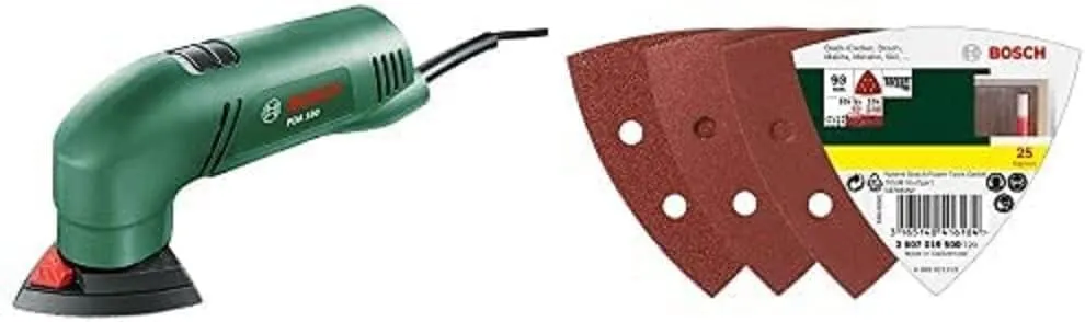 Bild von Bosch PDA 180 Deltaschleifer im Karton mit 25-teiligem Schleifblatt-Set für verschiedene Materialien