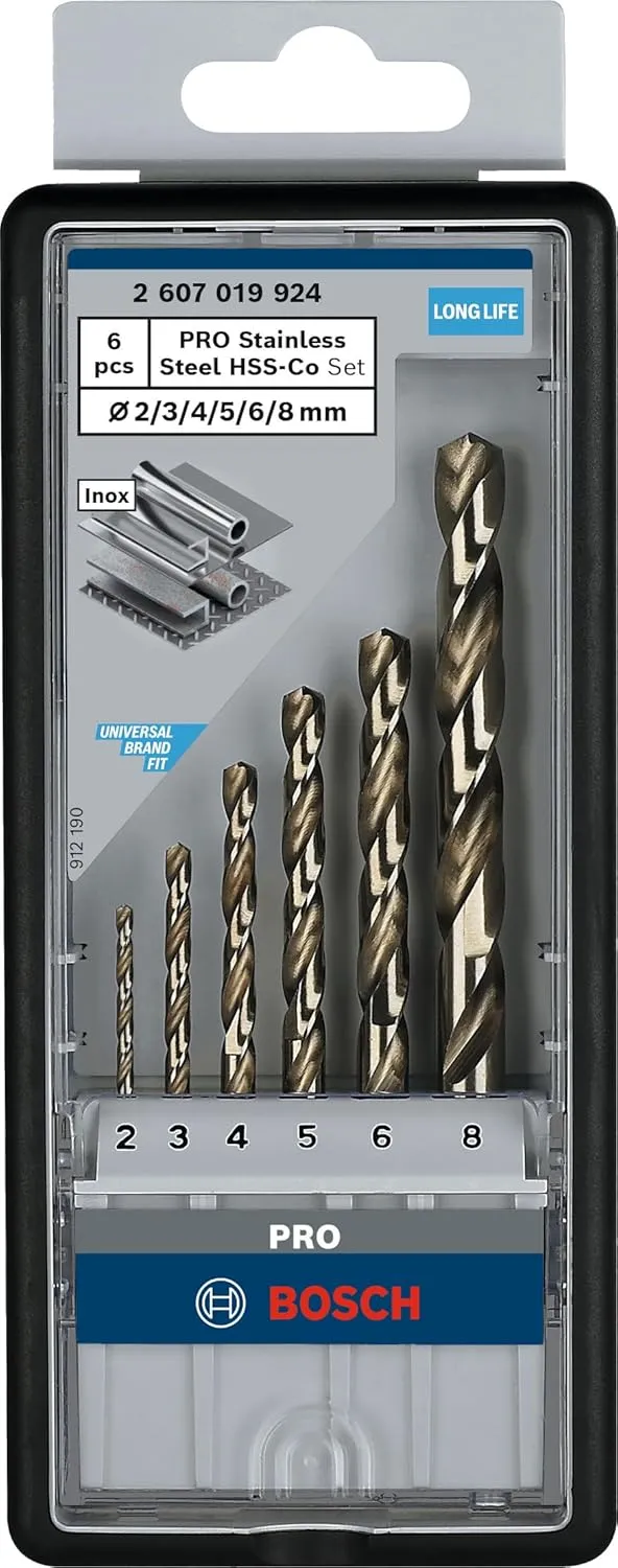 Bild von Bosch PRO Spiralbohrer Set aus Edelstahl mit 6 Teilen für Stahl und Edelstahl in den Durchmessern 2 bis 8 mm