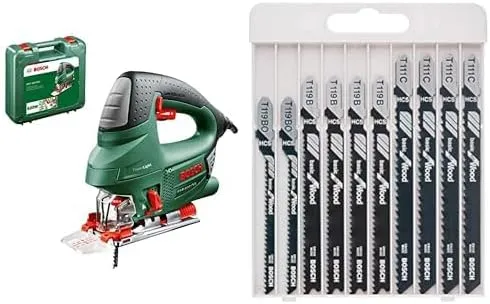 Bild von Bosch PST 900 PEL Stichsäge mit 620 Watt und 90 mm Schnitttiefe im Kunststoffkoffer, inklusive 10-teiligem Stichsägeblatt Set für Holz