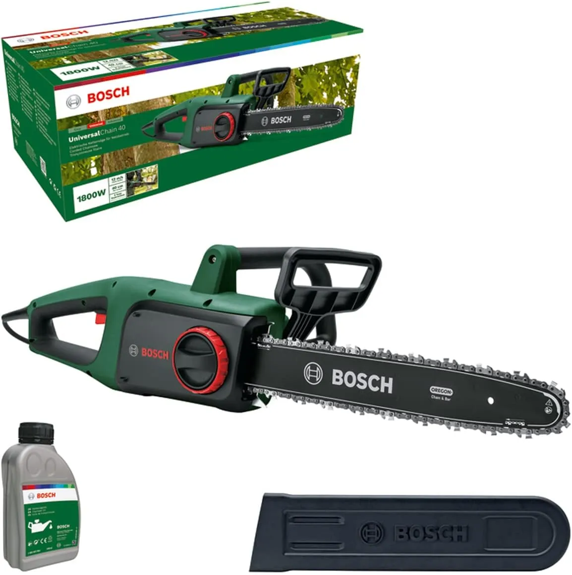 Bild von Bosch UniversalChain 40 Kettensäge mit 1800 Watt und 12 m/s Kettengeschwindigkeit, Gewicht 4,3 kg, inklusive Kettensägenöl im Karton