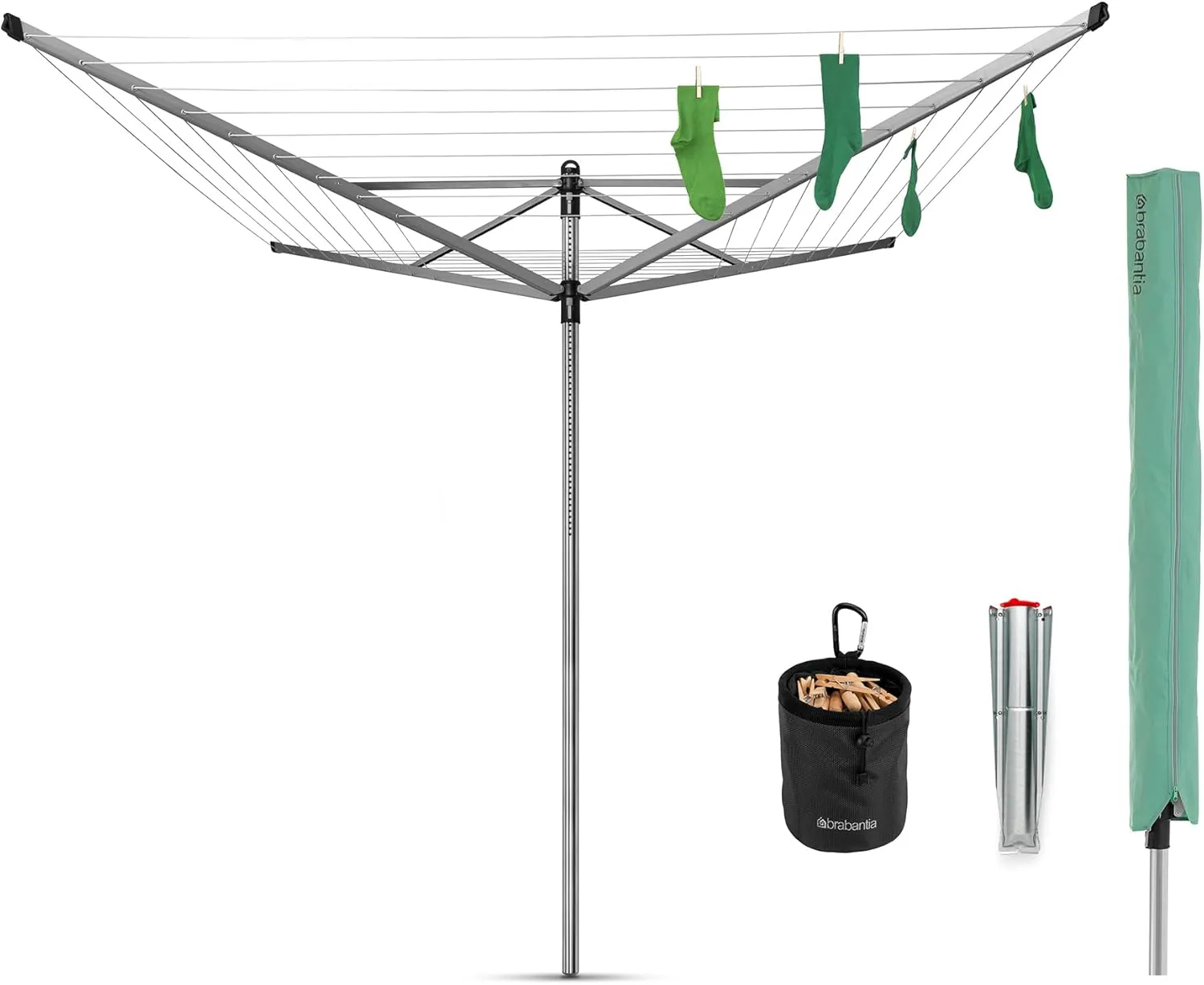 Bild von Brabantia Lift-O-Matic Wäschespinne mit 50 m UV-beständiger Leine und drehbarem Design in Metallic Grey, Durchmesser 295 cm
