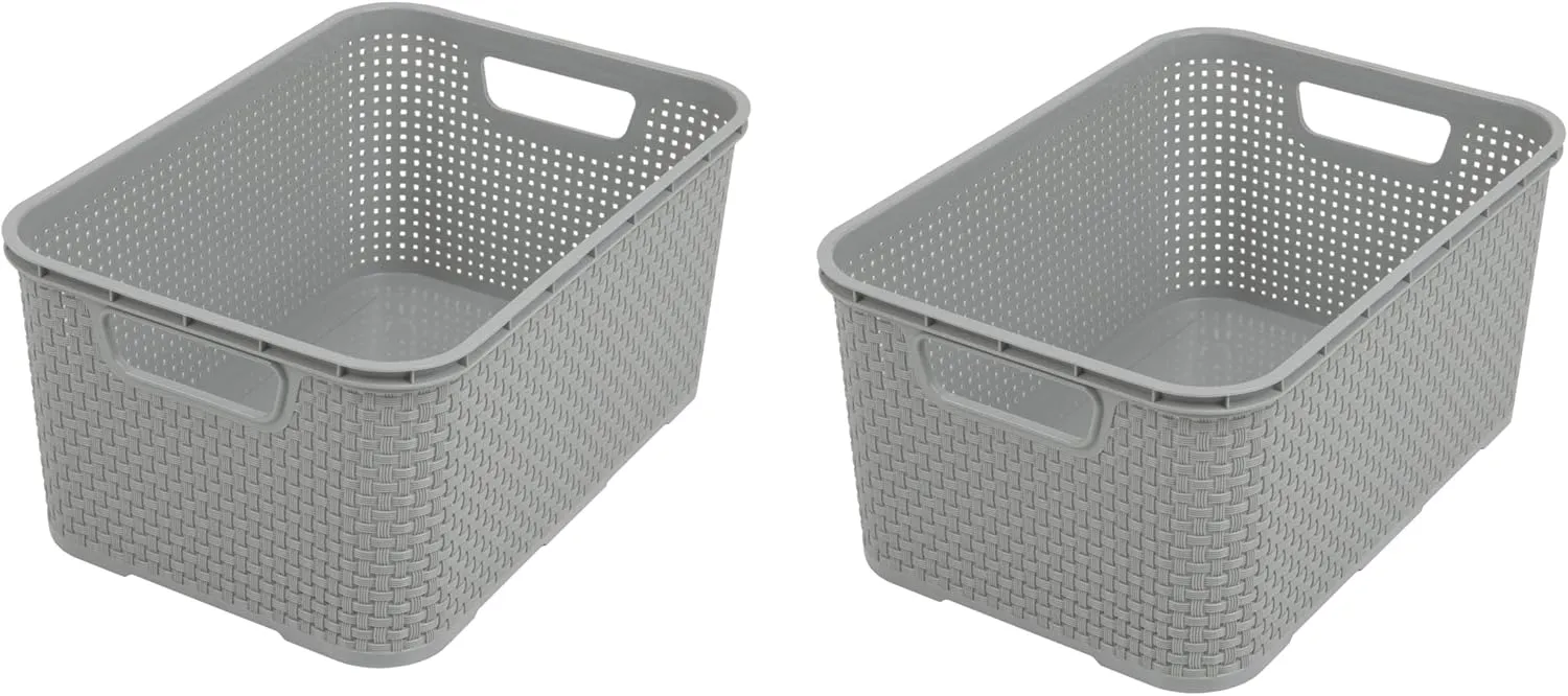 Bild von BranQ 2er Set Rattan Design Körbe in Hellgrau, Größe L mit 19 Litern, 38 x 27,8 x 18,5 cm